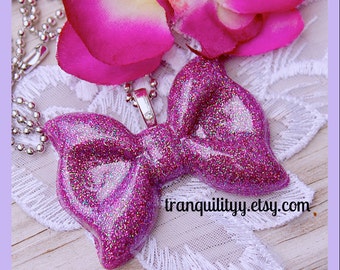 Glitter Bow Necklace, Plum Glitter Bow Necklace ,Party Big Resin Bow Necklace Handmade, Gothic, Kawaii ,Scene  By: Tranquilityy