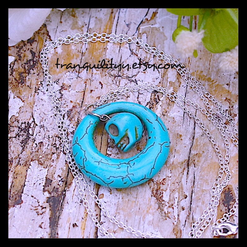 Skull Necklace , Day of the Dead Focal Turquoise Necklace, , Hipster, Scene, Emo, Gothic, By: Tranquilityy image 3