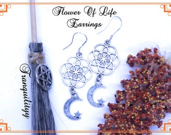 Flower Of Life Earrings / 925 Silver Ear Hooks/ Zen Jewelry/ Good Vibes Jewelry/ Crescent Moon Earrings/