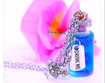 Alice in Wonderland Drink Me Necklace: Blue Resin Vial Charm