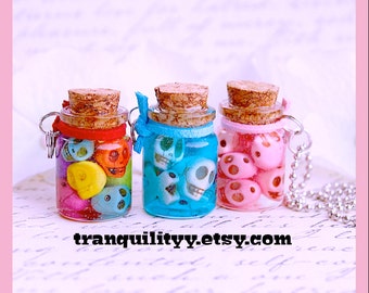 Skulls Bottle Necklace Skull Car Charm ,Lost Souls 5ml Glass vial Unisex Necklace / Deco ,Etc,  With Chain Handmade By: Tranquilityy