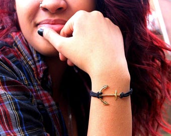 Anchor Bracelet , Infinity Bracelet ,Sun Kissed Anchor Black Suede Adjustable Nautical Bracelet Handmade By: Tranquilityy