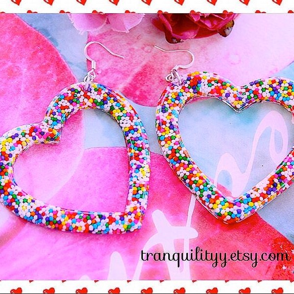 Sprinkle Heart Earrings: Sterling Silver Hooks, Candy Resin Jewelry