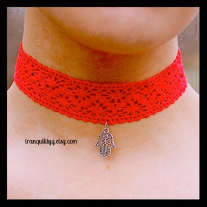 Choker/Coral Crochet Necklace/Cotton Lace Necklace/Vintage Style Choker, Namaste Choker, Shabby Chic Choker/Charm Necklace/19 charms choice