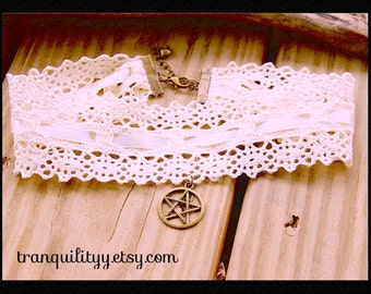 Crochet Beige Lace n Satin pentagram Choker, Tumblr, instagram, Vamp, Vintage Inspired, Victorian Inspired, Crochet Necklace, Satin Choker