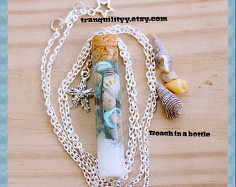 Ocean in a Bottle Necklace,  Natural Beach Sea Shells White Sand 5ml  Pyrex Vial Glass Bottle Nautical  Car Charm, By: Tranquilityy