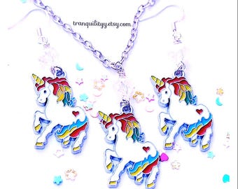 Rainbow Crystal Unicorn Necklace & Earrings Set: Magical Kids Jewelry