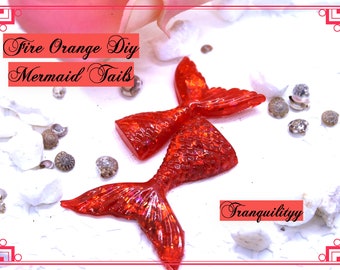 Mermaid Tail Cabochons,  2 Fire Orange Glitter Mermaid Tails Decoden, Craft Supplies, Resin Mermaid Tail, Handmade By: tranquilityy