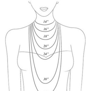 May include: A line drawing of a person wearing a necklace with different lengths marked in inches, from 14 inches to 33 inches.