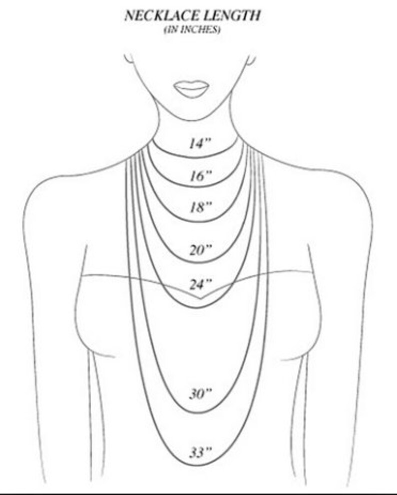 May include: A line drawing of a person wearing a necklace with different lengths marked in inches, from 14 inches to 33 inches.