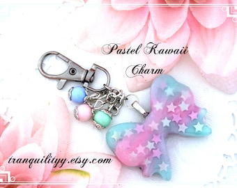 Pastel Bow Charm, Glitter Resin Pastel Beaded Charm,  Zipper Charm , Key Ring, Necklace Purse Charm,  By: Tranquilityy