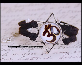 Om Charm Bracelet: Black Faux Suede, Zen Yoga Jewelry