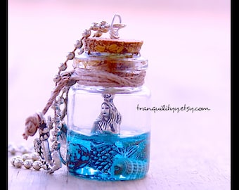 Beach Bottle Necklace, Mermaid Ocean Bottle  Car Charm / Necklace/ Deco Glass vial 5ml , Nautical, Ocean Beach Necklace By: Tranquilityy