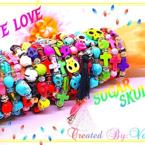Sugar Skull Stretch Bracelet/Day of the Dead Bracelet/Rainbow Skull Stretch Bracelet 7.5&quot;/ Dia De Los Muertos Created ByVon&#39;Dez/Style #SS256