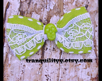 Hair Bow , Day of the Dead  Lime Green n Lace Gothic Hair Bow Handmade By: Tranquilityy