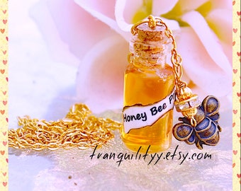 Honey Bottle Necklace ,Organic Natural Honey Bottle Necklace , Bee Keepers Gift, Glass 2ml Bottle Charm Necklace By: Tranquilityy