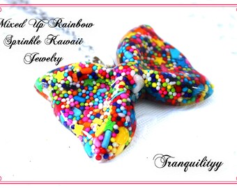 Sprinkle Bow Necklace, Sweet Big Bow Delicious Real Sprinkle Resin Necklace , Kawaii jewelry , Handmade  By: Tranquilityy