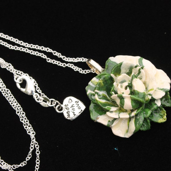 Whimsical  Green & White Polymer Clay Flower Neckalce elegant , Sterling Sliver 925 Chain By: Tranquilityy