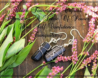 Pendientes de turmalina negra/Pendientes de protección fuerte/Pendientes de cristal metafísico/Cristal envuelto en alambre/Ganchos para orejas de plata 925/Propiedades curativas