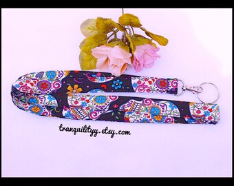 Sugar Skull Lanyard/Fabric Lanyard Wristlet/ Dia De Muertos Calaveras Fabric Skull Lanyard/Keyring/Keychain/Handmade By: Tranquilityy
