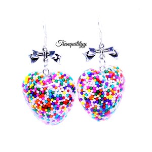 Sprinkle Heart Earrings/925 Silver Hooks /Candy Sprinkle Hearts n Bows Resin Earrings Handmade By: Von'Dez/Tranquilityy