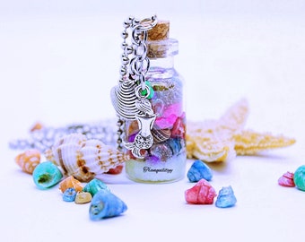 BeachNecklace ,Sea Shells Bottle  Necklace Ocean And Green Glow in The Dark Glitter Glass 2ml, Nautical , Beach Necklace