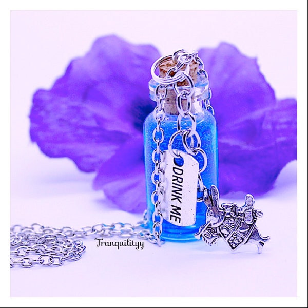 Drink Me Necklace , Alice In Wonderland ,2ML glass vial Bottle , Blue Bottle Charm Necklace, Kawaii Bottle Charm Jewelry