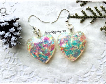 Glitter Heart Earrings/Resin Heart Iridescent Earrings/Faux Opal Diamond Flakes Earring/ Resin Heart 925 Silver Hooks Earrings