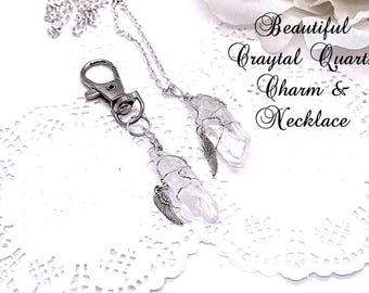 Raw Quartz Crystal Necklace and Purse Charm/Silver Plated Chain/Positive Intention/Protection Crystal/Self Love/By: Von'Dez/ Tranquilityy