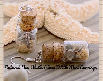 Pendientes de botella de cristal con forma de concha: joyería playera de plata 925