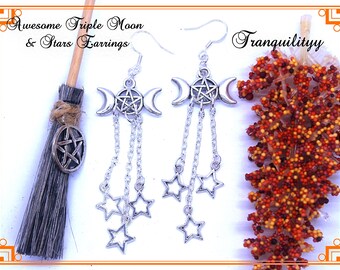 Charm Earrings, Witchy Vibe Earrings, 925 Sterling Silver Hypoallergenic Ear Hooks, Evil Eye, Pentagram, Alternative Jewelry/Triple Moon
