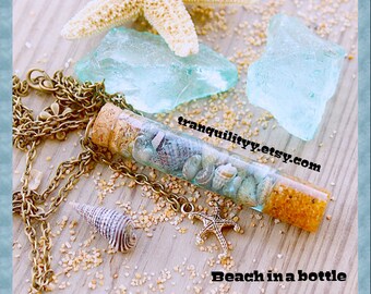 Ocean in a Bottle Necklace,  Natural Beach Sea Shells Tan Sand 5ml  Pyrex Vial Glass Bottle Nautical  Car Charm, By: Tranquilityy