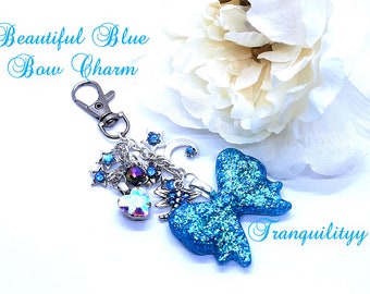 Blue Bow Charm, Glitter Resin Pastel Beaded Charm,  Necklace Charm , Key Ring, Necklace Purse Charm,  By: Tranquilityy