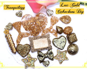 Diy Cabochons//19 Lux Gold Resin DIY Resin Cabochons/Crystal/Heart/Crystal/Cabochon//Resin Crystal/Crown/ Mermaid /Bows/Diamond/ Gold Leaf