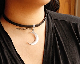 Crescent Moon Choker/ Black Leather Moon Choker/ Moon Necklace / Leather Choker / Full Moon Choker / Crescent moon Jewelry