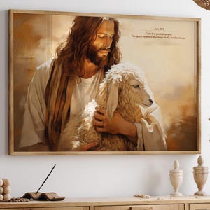Jesus Holding His Sheep – Neutral Tone Christian Portrait – Good Shepherd Canvas – Peaceful Religious Wall Art for Faithful Homes