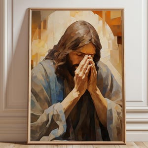 The Jesus Pastor Praying – Abstract Christian Wall Art – Faith-Based Canvas Painting – Spiritual Home Decor – Religious Modern Artwork