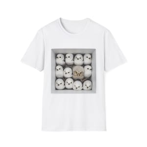 Box of Shimaenaga Birds and One Owl Funny Graphic T-Shirt - Cute Japanese Bird Tee - White and Black Animal Shirt for Nature and Bird Lovers