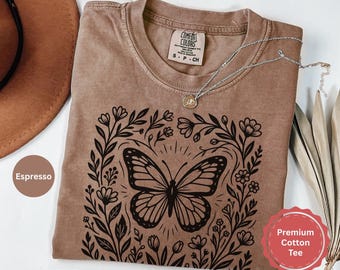 Butterfly Linocut Shirt, Cottagecore Floral Butterfly Tee, Vintage Nature Inspired Comfort Colors Shirt, Botanical Aesthetic Gift for Her
