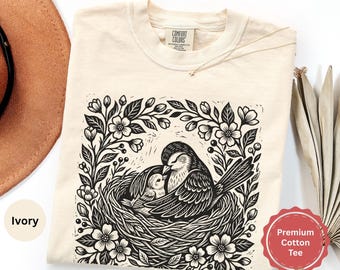 Camiseta estilo linograbado "Mamá pájaro y bebé", regalo para la maternidad, camiseta para amantes de las aves, regalo para anunciar la llegada del bebé, camiseta Comfort Colors®, regalo para amantes de las aves