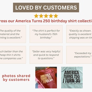 May include: Image showcasing customer reviews for an "America Turns 250" birthday shirt collection. The image includes text such as "Loved by Customers" and customer quotes about the quality and service. Two shirts are shown, one red and one light blue.