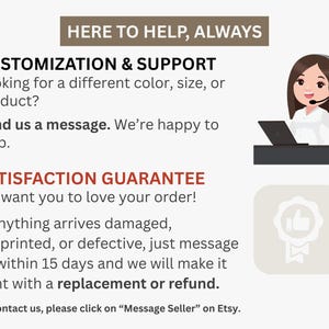 May include: Image with text: "HERE TO HELP, ALWAYS" and "CUSTOMIZATION & SUPPORT". A cartoon of a woman wearing a headset and using a laptop. Text also includes "SATISFACTION GUARANTEE" and a thumbs-up icon.