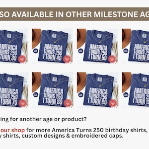 May include: Navy blue t-shirts with the text "America Turns 250 I Turn [age]" in white. Ages 30, 40, 50, 60, 70, 80, 90, and 100 are displayed. The shirts are displayed with a brown hat and decorative elements.