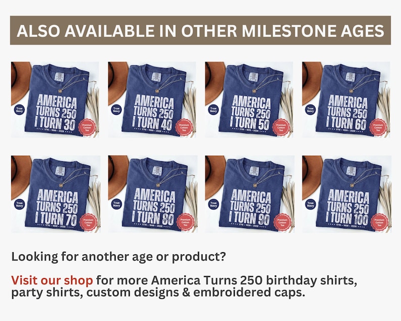 May include: Navy blue t-shirts with the text "America Turns 250 I Turn [age]" in white. Ages 30, 40, 50, 60, 70, 80, 90, and 100 are displayed. The shirts are displayed with a brown hat and decorative elements.