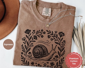Cottagecore Snail Shirt, Floral Snail Linocut Tee, Nature Inspired Botanical Shirt, Woodland Animal Gift, Vintage Style Comfort Colors Shirt