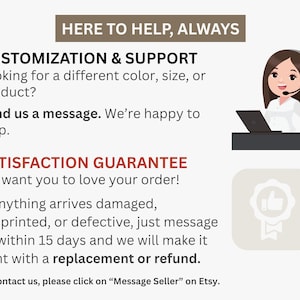 May include: Image with text: "HERE TO HELP, ALWAYS." Includes information about customization, support, and a satisfaction guarantee. A cartoon of a woman wearing a headset is also present.