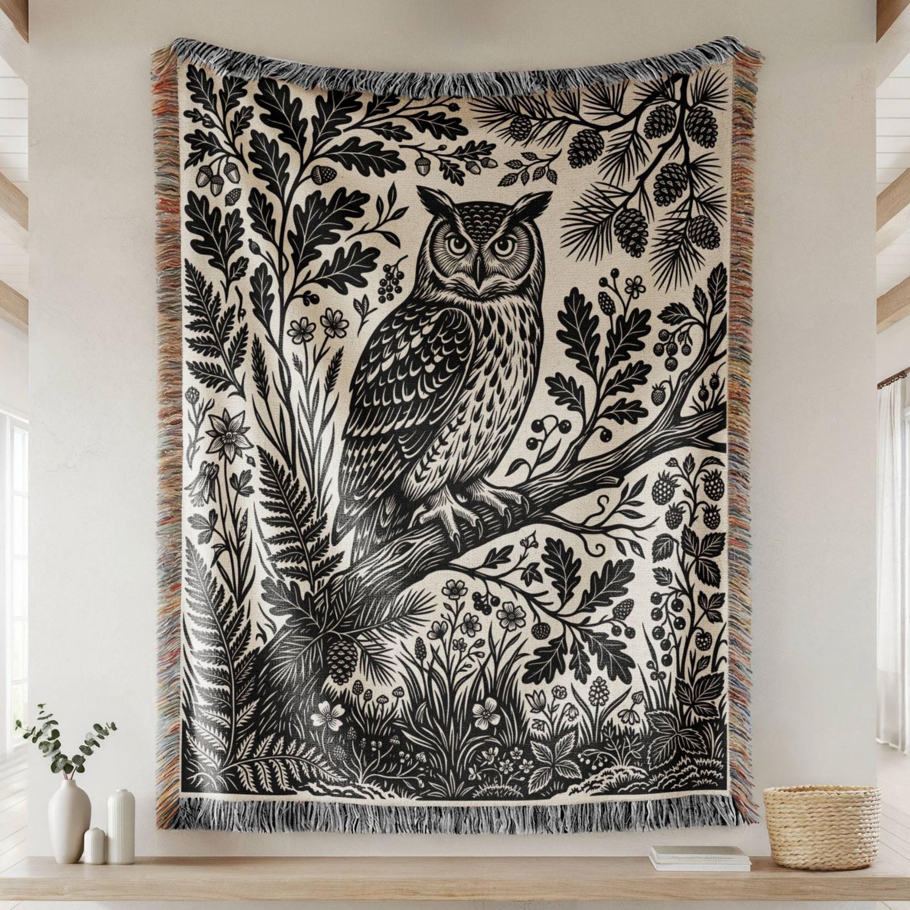 Owl Woven Blanket, Linocut Owl Tapestry, Black and White Throw Blanket, Woodland Wall Art, Nature Lo