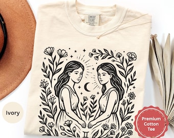 Gemini Zodiac Shirt Vintage Linocut Style, Astrology Gemini Tee, Gemini Birthday Gift, May June Horoscope Shirt, Comfort Colors, Celestial