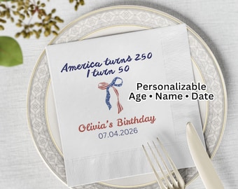 Personalized Birthday Napkins, Custom Age 2026, Patriotic Birthday Napkins, Custom Name Date Party Decor, Milestone Birthday Decor
