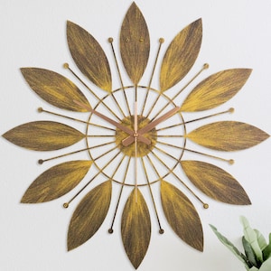 Mid century modern large brass wall clock, Starburst art clock, Wall clock unique, Sunburst wall decor clock, Retro clocks for wall, Silent